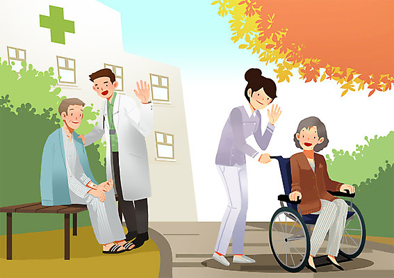 PSD 여자 남자 일러스트 병원 사람 여러명 건물 치료 건강관리 산책 환자 간호사 의사 휠체어 국내일러스트 건축물 다수 의학 휴식 건강 관리 의료진 파일형식