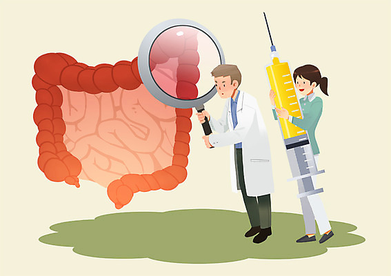 PSD 여자 남자 일러스트 병원 주사기 사람 두명 치료 건강관리 간호사 의사 내장 관찰 장기 대장 국내일러스트 신체 의학 의료기기 모션 건강 관리 의료진 장기_의학 파일형식