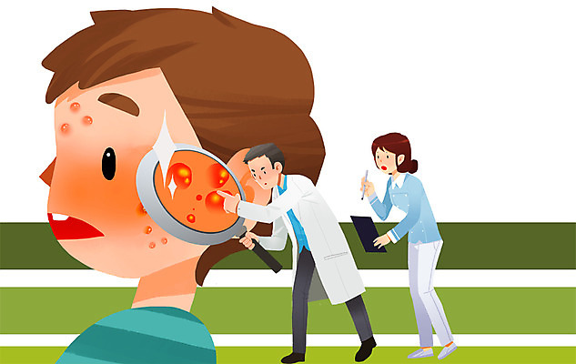 PSD 여자 남자 일러스트 돋보기 병원 사람 치료 세명 건강관리 간호사 의사 관찰 질병 여드름 국내일러스트 의학 모션 건강 관리 의료진 파일형식