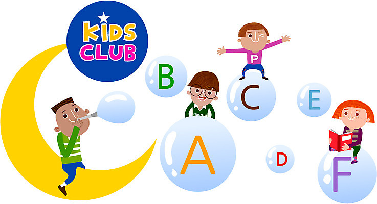 알파벳 영어 여자 어린이교육 교육 남자 어린이 일러스트 놀이 함께함 사람 여러명 기쁨 비눗방울 초승달 즐거움 클럽 어린이만 국내일러스트 AI파일 문자 감정 다수 컨셉 달 파일형식 벡터