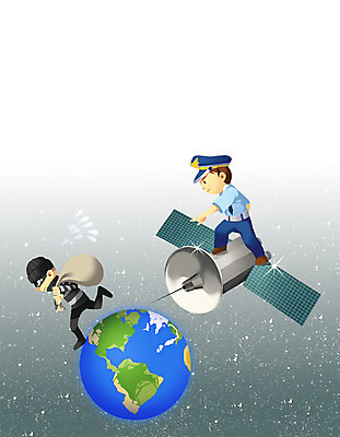 PSD 라이프스타일 남자 지구 일러스트 정보기술 스마트라이프 사람 두명 인공위성 경찰 도둑 스마트 편리함 위치추적 남자만 국내일러스트 직업 컨셉 통신 기술 생활 범죄인 추적 파일형식