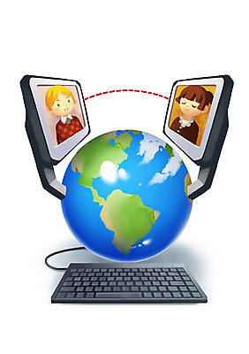 PSD 라이프스타일 여자 남자 지구 일러스트 정보기술 스마트라이프 대화 사람 두명 글로벌 키보드 스마트 영상 편리함 채팅 국내일러스트 컨셉 기술 말하기 생활 파일형식