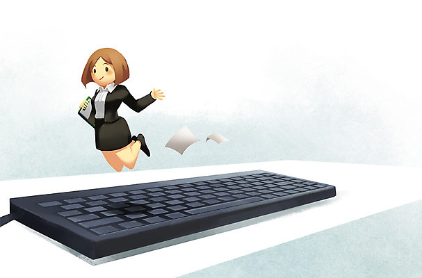 PSD 라이프스타일 여자 일러스트 비즈니스 정보기술 스마트라이프 한명 사람 점프 키보드 업무 비즈니스우먼 스마트 편리함 여자만 여자한명만 국내일러스트 1 컨셉 모션 기술 생활 작업 직장인 파일형식