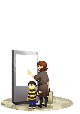 PSD 라이프스타일 여자 남자 아들 일러스트 엄마 정보기술 스마트라이프 사람 두명 스마트 편리함 무인정보단말기 키오스크 무인매장 국내일러스트 컨셉 가족 기술 생활 상점 단말기 파일형식