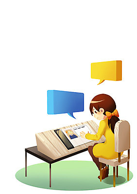 PSD 라이프스타일 여자 말풍선 의자 일러스트 탁자 정보기술 스마트라이프 대화 한명 사람 스마트 편리함 채팅 여자만 여자한명만 국내일러스트 1 가구 컨셉 기술 말하기 생활 파일형식