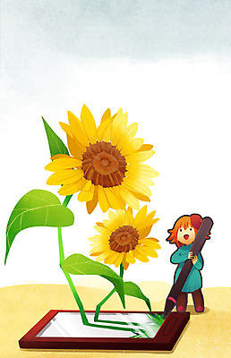 PSD 라이프스타일 여자 꽃 일러스트 해바라기 정보기술 스마트라이프 한명 사람 태블릿 펜 스마트 그림 화가 편리함 여자만 여자한명만 국내일러스트 식물 직업 1 컨셉 기술 생활 전자제품 스마트기기 필기구 파일형식