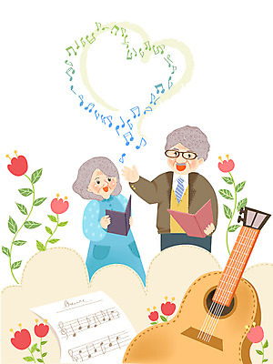 식물 여자 교육 할아버지 노년 남자 꽃 할머니 악기 음악 일러스트 노래 사람 취미 두명 기타 악보 합창 노인만 성인만 국내일러스트 AI파일 현악기 문화예술 성인 파일형식 벡터