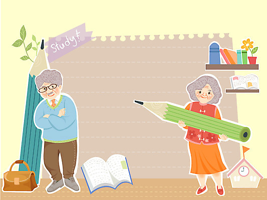 전신 여자 교육 할아버지 노년 남자 할머니 일러스트 선반 사람 취미 두명 책 스터디 연필 팔짱 메모지 노인만 성인만 국내일러스트 AI파일 가구 모션 학용품 성인 학습 필기구 사무용품 파일형식 벡터