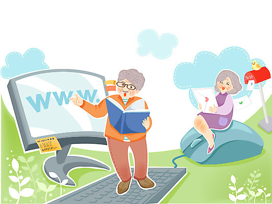 여자 교육 할아버지 노년 남자 할머니 인터넷 일러스트 사람 취미 두명 책 컴퓨터 모니터 키보드 마우스 이메일 편지 노인만 성인만 국내일러스트 AI파일 성인 전자제품 컴퓨터용품 파일형식 벡터