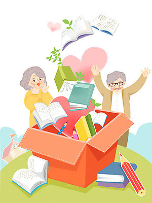 교육 할아버지 노년 할머니 일러스트 선물 사람 취미 두명 책 상자 연필 노인만 성인만 국내일러스트 AI파일 여자 남자 학용품 성인 필기구 파일형식 벡터