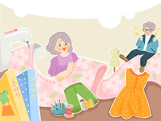 옷 여자 교육 패션 할아버지 노년 남자 할머니 일러스트 사람 취미 두명 책 바늘 실 바느질 재봉틀 노인만 성인만 국내일러스트 AI파일 성인 도구 파일형식 벡터