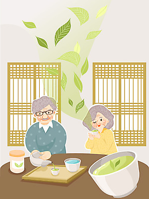 전통 그릇 여자 교육 할아버지 노년 남자 할머니 일러스트 탁자 쟁반 사람 취미 두명 물 차 다기 녹차 다과 차잎 노인만 성인만 국내일러스트 AI파일 자연요소 식기 음료 가구 잎 디저트 성인 차_음료 다도 파일형식 벡터