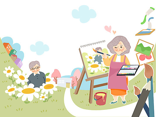 주간 여자 교육 할아버지 노년 남자 꽃 할머니 예술 일러스트 미술 사람 취미 야외 두명 연필 물감 미술도구 붓 팔레트 그림 노인만 성인만 국내일러스트 AI파일 자연요소 식물 문화예술 학용품 성인 필기구 오브젝트 파일형식 벡터