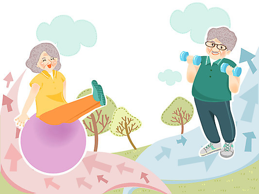나무 여자 교육 할아버지 노년 남자 화살표 할머니 일러스트 건강 관리 사람 두명 운동 건강관리 힘 아령 짐볼 노인만 성인만 국내일러스트 AI파일 식물 성인 파일형식 벡터