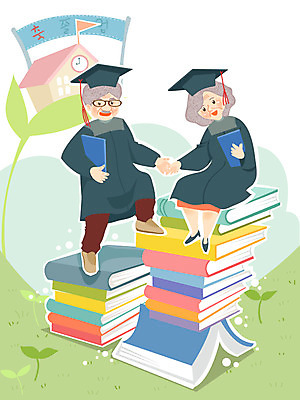 여자 교육 할아버지 노년 남자 할머니 일러스트 학사모 졸업 학교 사람 두명 책 가운 졸업가운 노인만 성인만 국내일러스트 AI파일 모자_잡화 옷 성인 파일형식 벡터