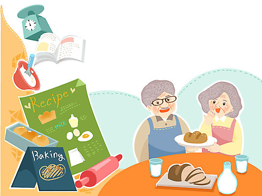여자 교육 할아버지 노년 남자 할머니 빵 일러스트 저울 사람 취미 두명 책 우유 홈베이킹 레시피 노인만 성인만 국내일러스트 AI파일 음식 유제품 성인 제빵 파일형식 벡터