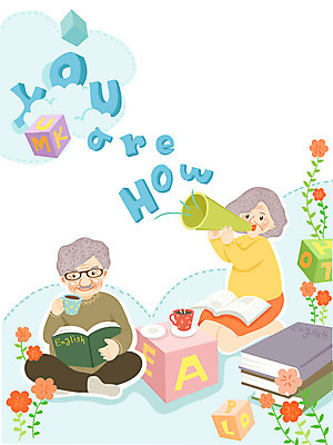 알파벳 영어 여자 교육 할아버지 노년 남자 할머니 커피 일러스트 대화 회화 사람 취미 두명 책 컵 독서 노인만 성인만 국내일러스트 AI파일 문자 식기 음료 말하기 성인 파일형식 벡터