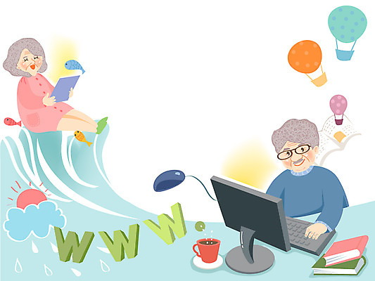 여자 교육 할아버지 노년 남자 할머니 인터넷 일러스트 사람 취미 두명 책 컴퓨터 웹 열기구 키보드 마우스 노인만 성인만 국내일러스트 AI파일 항공교통 성인 전자제품 컴퓨터용품 파일형식 벡터