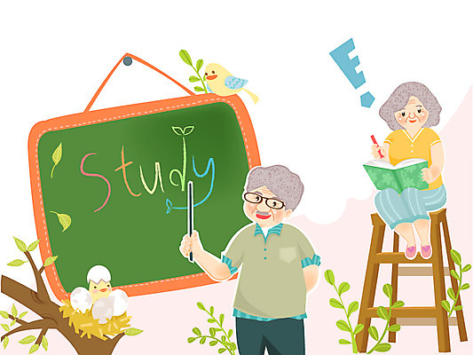 여자 교육 할아버지 노년 남자 할머니 일러스트 사다리 조류 사람 취미 두명 책 알 칠판 둥지 느낌표 노인만 성인만 국내일러스트 AI파일 동물 기호 성인 도구 파일형식 벡터