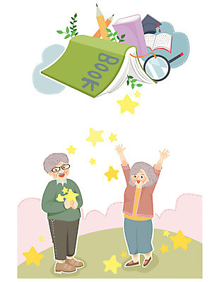 여자 교육 할아버지 노년 남자 별 할머니 일러스트 학교 돋보기 수업 사람 두명 책 노인만 성인만 국내일러스트 AI파일 자연요소 성인 파일형식 벡터