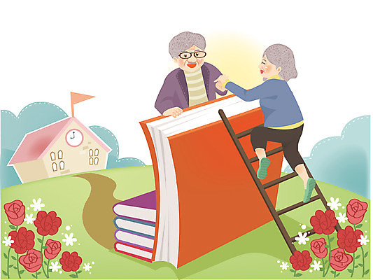 주간 식물 여자 교육 할아버지 노년 남자 꽃 할머니 일러스트 사다리 학교 사람 야외 두명 책 노인만 성인만 국내일러스트 AI파일 자연요소 성인 도구 파일형식 벡터