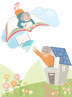 주간 여자 교육 할아버지 노년 남자 할머니 일러스트 하늘 주택 사람 취미 야외 두명 책 비행 노인만 성인만 국내일러스트 AI파일 자연요소 성인 건물 파일형식 벡터