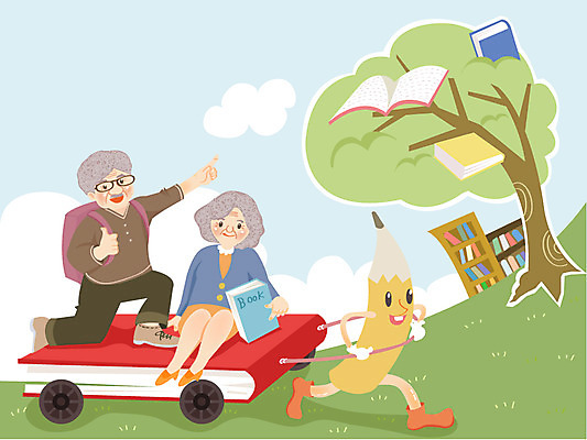 주간 나무 여자 교육 할아버지 노년 남자 할머니 일러스트 사람 야외 두명 책 연필 수레 당기기 도서관 노인만 성인만 국내일러스트 AI파일 자연요소 식물 모션 학용품 성인 필기구 카트 파일형식 벡터