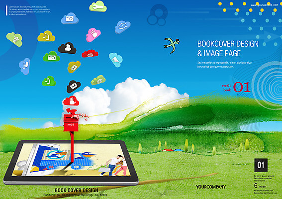PSD 나무 구름 템플릿 편집 표지디자인 북디자인 표지 백그라운드 북커버 자연 하늘 사람없음 스마트기기 태블릿 마을 우체통 어플리케이션 배송 배달어플 이미지템플릿 자연요소 식물 전자제품 생태계 파일형식