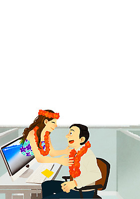 PSD 여자 남자 일러스트 비즈니스 휴가 사람 두명 일상 사무실 모니터 자유 탈출 하와이 일상탈출 꽃목걸이 국내일러스트 꽃 컨셉 목걸이 라이프 컴퓨터 미국 파일형식