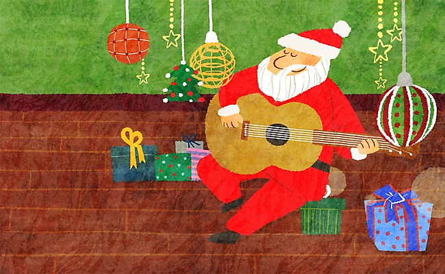 PSD 캐릭터 노년 남자 악기 크리스마스 겨울 연주 일러스트 조명 실내 선물 한명 사람 성인 장식 선물상자 상자 산타클로스 기타 산타캐릭터 일러캐릭터 1 계절 기념일 음악 현악기 내부 파일형식