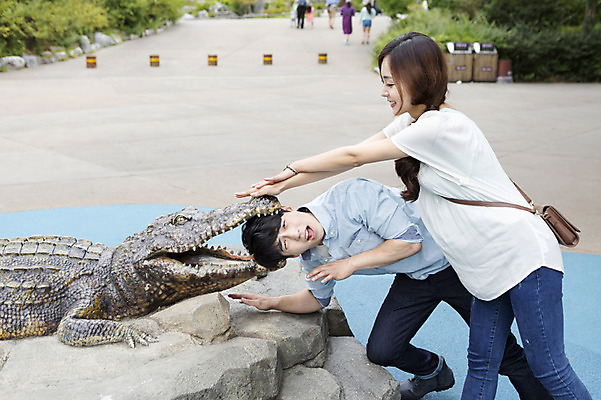 포토 JPG 주간 동물 커플 여자 남자 포즈 동물원 서기 사람 동양인 20대 성인 야외 두명 옆모습 한국인 물기 악어 청년만 성인만 국내포토 자연요소 뷰포인트 관계 파충류 모션 인종 청년 파일형식