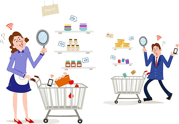 여자 남자 일러스트 돋보기 사람 성인 두명 쇼핑 장보기 카트 시장 구매 상품 스마트 마트 스마트컨슈머 편리함 성인만 국내일러스트 AI파일 컨셉 상점 고객 파일형식 벡터