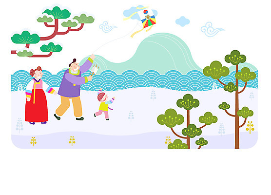 나무 여자 남자 어린이 바다 겨울 일러스트 가족 엄마 새해 산 사람 성인 세명 화목 아빠 한복 연 연날리기 연말연시 국내일러스트 AI파일 식물 한국전통 계절 컨셉 관계 놀이용품 전통놀이 전통의상 파일형식 벡터