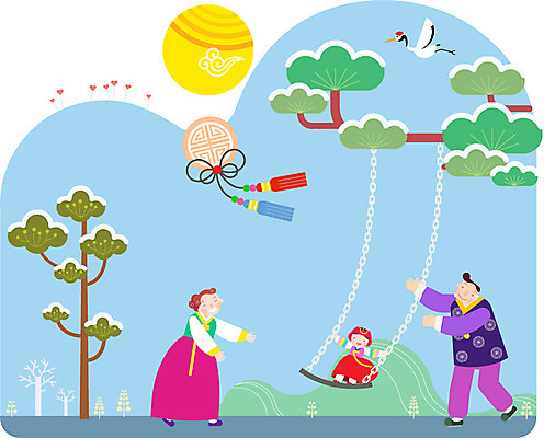 나무 여자 남자 어린이 겨울 일러스트 가족 엄마 새해 사람 성인 세명 화목 아빠 한복 그네 연말연시 국내일러스트 AI파일 식물 한국전통 계절 컨셉 관계 전통의상 파일형식 벡터