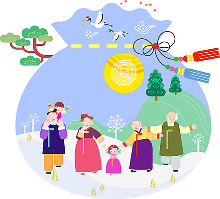 여자 할아버지 남자 할머니 어린이 겨울 일러스트 가족 엄마 새해 복주머니 사람 여러명 성인 화목 학 아빠 한복 연말연시 국내일러스트 AI파일 한국전통 계절 노년 다수 컨셉 관계 조류 전통소품 전통의상 파일형식 벡터