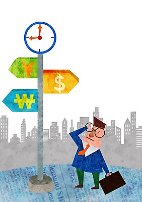 PSD 캐릭터 남자 시계 백그라운드 일러스트 비즈니스 한명 사람 금융 경제 달러 표지판 직장인 비즈니스맨 화폐기호 엔 비즈니스캐릭터 남자만 남자한명만 국내일러스트 일러캐릭터 직업 1 기호 돈 알림판 화폐 파일형식