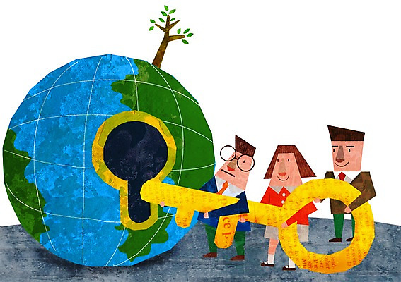 PSD 캐릭터 여자 남자 지구 백그라운드 일러스트 비즈니스 열쇠 사람 세명 금융 경제 직장인 비즈니스맨 비즈니스우먼 비즈니스캐릭터 열쇠구멍 국내일러스트 일러캐릭터 직업 파일형식