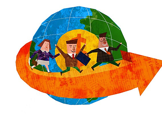 PSD 캐릭터 여자 남자 화살표 지구 백그라운드 일러스트 비즈니스 사람 세명 금융 경제 직장인 비즈니스맨 비즈니스우먼 비즈니스캐릭터 출근 국내일러스트 일러캐릭터 직업 출퇴근 파일형식