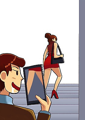 PSD 여자 남자 백그라운드 일러스트 사람 성인 야외 두명 스마트폰 계단 촬영 미니스커트 다리 범죄 구출 보호 위험 몰래카메라 성범죄 성인만 국내일러스트 컨셉 신체부위 핸드폰 스마트기기 치마 카메라 도움 파일형식