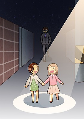 PSD 여자 남자 어린이 백그라운드 가로등 일러스트 조명 사람 성인 야외 세명 범죄 구출 보호 골목길 야간 위험 범죄인 미행 성범죄 국내일러스트 자연요소 공공시설 길 컨셉 도움 파일형식