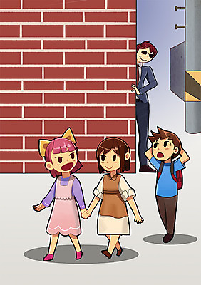 PSD 여자 남자 어린이 백그라운드 일러스트 사람 여러명 성인 야외 범죄 구출 보호 골목길 야간 위험 범죄인 미행 성범죄 국내일러스트 자연요소 길 다수 컨셉 도움 파일형식