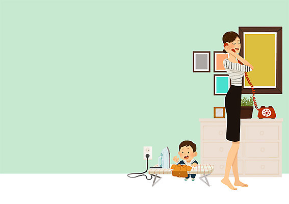 PSD 여자 남자 아들 어린이 백그라운드 일러스트 엄마 주택 실내 사람 성인 두명 고통 위험 불안 통화 다리미 어린이사고 화상 국내일러스트 감정 컨셉 가족 모션 내부 건물 가전제품 상처 사건 파일형식