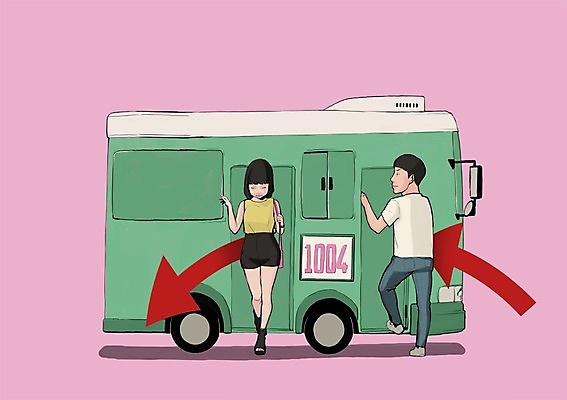 PSD 공공시설 여자 남자 화살표 백그라운드 일러스트 버스 대중교통 사람 성인 두명 예절 하차 승차 공공예절 성인만 국내일러스트 육상교통 교통수단 모션 시설 파일형식