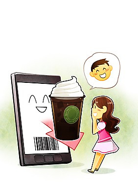 PSD 커플 여자 남자 커피 음식 백그라운드 말풍선 일러스트 모바일 선물 사람 성인 두명 스마트폰 핸드폰 쇼핑 기쁨 스마트 바코드 온라인쇼핑 모바일쇼핑 편리함 기프티콘 성인만 국내일러스트 감정 음료 컨셉 관계 전자제품 스마트기기 온라인 파일형식