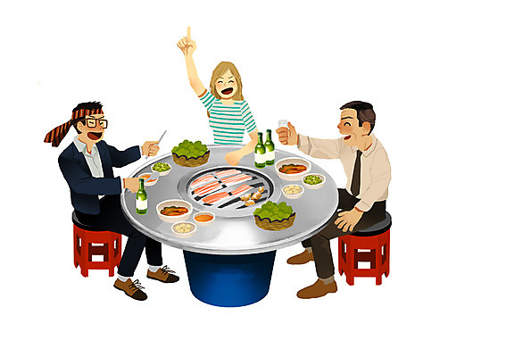PSD 서양인 외국인 한국문화 여자 남자 일러스트 비즈니스 탁자 사람 성인 세명 한국인 체험 상사 음주 즐거움 삼겹살 소주 술자리 소통 회식 성인만 국내일러스트 동양문화 감정 가구 컨셉 주류 한국 돼지고기 동양인 인종 식사 파일형식