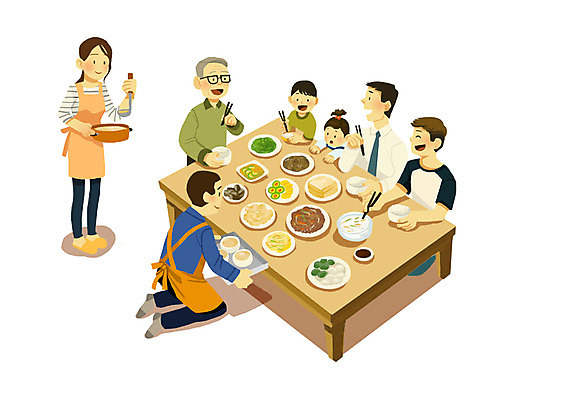 PSD 여자 명절 할아버지 노년 남자 딸 아들 어린이 음식 백그라운드 일러스트 가족 식탁 엄마 사람 여러명 성인 추석 식사 아빠 사촌 국내일러스트 전통 기념일 다수 관계 탁자 파일형식