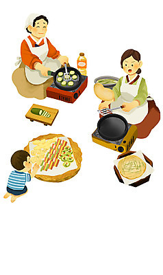 PSD 전통 여자 명절 노년 남자 아들 할머니 어린이 음식 백그라운드 일러스트 가족 엄마 요리 사람 여러명 성인 추석 프라이팬 한복 전 음식준비 국내일러스트 한국전통 기념일 다수 관계 주방용품 전통의상 준비 파일형식