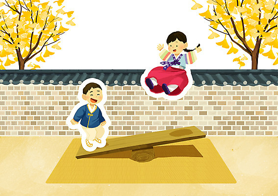 PSD 나무 식물 전통 여자 명절 남자 어린이 백그라운드 일러스트 사람 여러명 성인 담장 추석 전통놀이 한복 널뛰기 국내일러스트 한국전통 기념일 다수 놀이 전통의상 파일형식