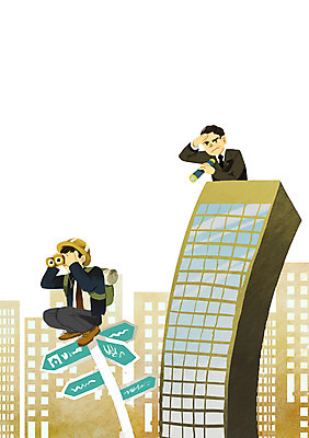 PSD 남자 일러스트 비즈니스 알림판 사람 정장 성인 두명 건물 망원경 탐험 구직 관찰 도시 도움 비즈니스맨 선택 헤드헌팅 남자만 성인남자만 성인만 국내일러스트 건축물 옷 컨셉 모션 직장인 서비스 파일형식