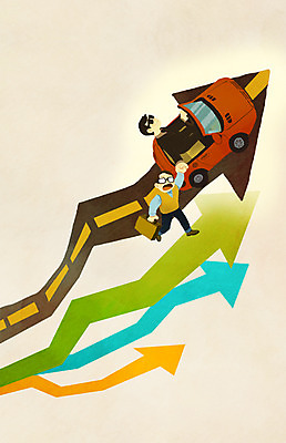 PSD 남자 화살표 컬러 일러스트 비즈니스 자동차 사람 정장 성인 두명 컬러풀 구직 도움 비즈니스맨 선택 방향 상승 승진 헤드헌팅 남자만 성인남자만 성인만 국내일러스트 옷 육상교통 컨셉 직장인 서비스 파일형식